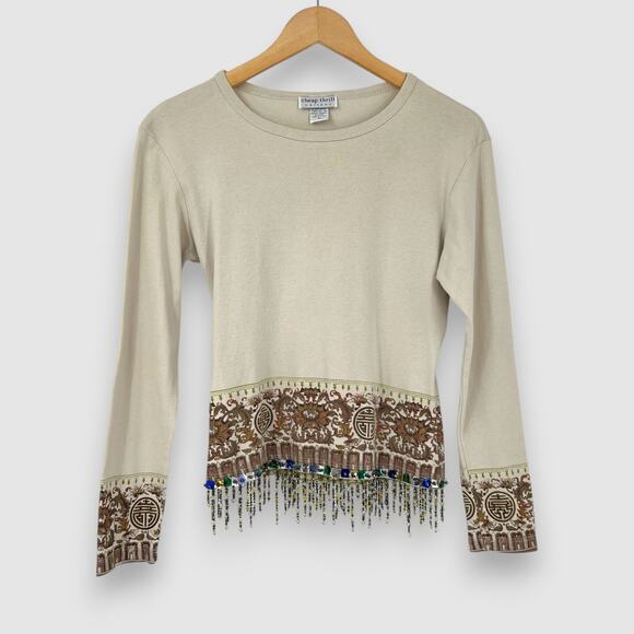 Y2k Cheap Thrill Cottons Embellished Fringe Beaded Long Sleeve Top Size Medium - Picture 1 of 6